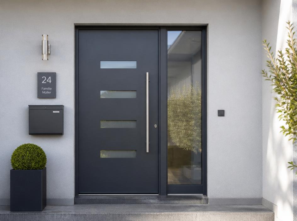 Anthrazitfarbene moderne Haustür mit Seitenteil und Sicherheitstechnik