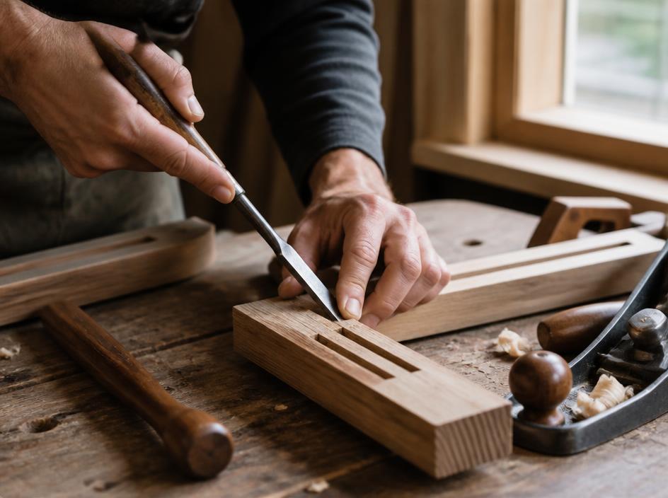 Tischlerarbeiten an einem Holzfensterrahmen – Jürgen Lüning Bauelemente